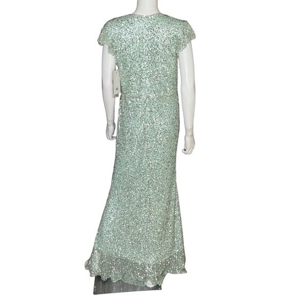 Mac Duggal Sequined Faux Wrap Ruffle Cap Sleeve Gown Seafoam 70113 Women’s Sz 14 - Picture 6 of 12
